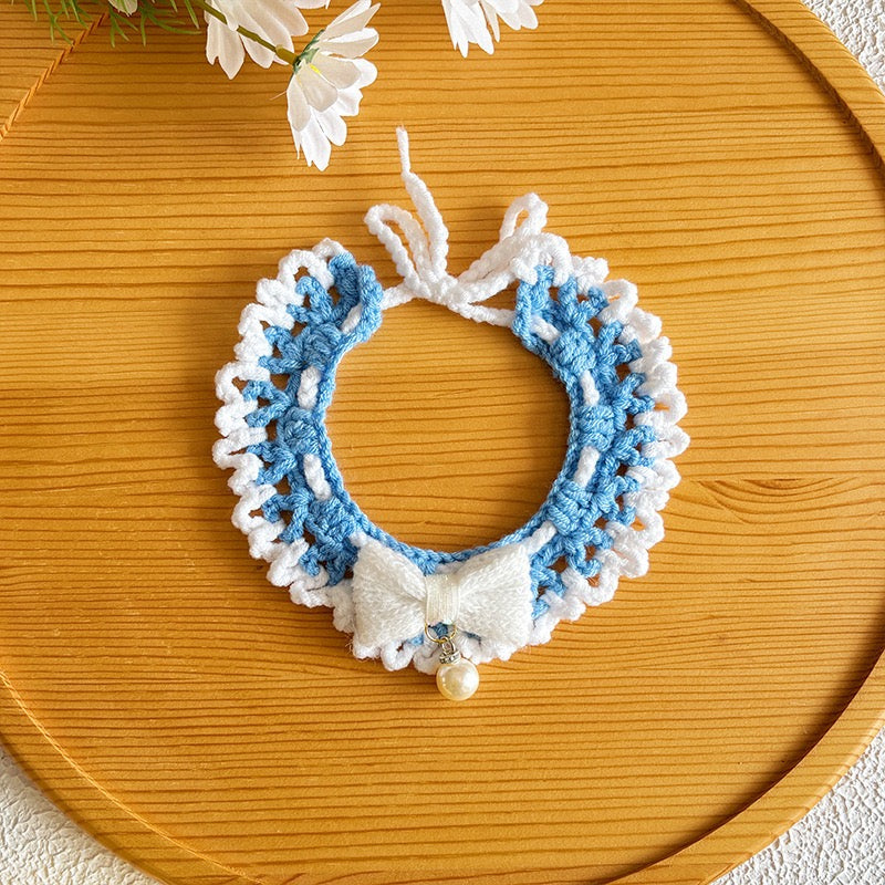 Elegant Crochet Pet Collar – Bow & Pearl Design