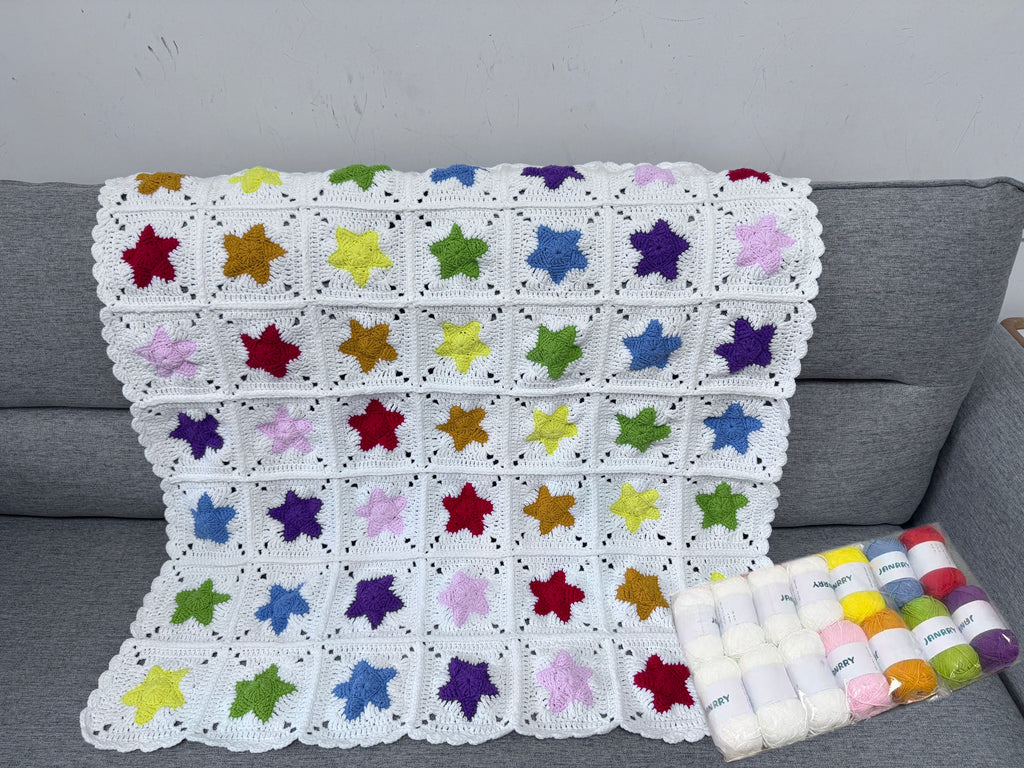 Colorful Five-Point Star Crochet Blanket – Finished Blanket or Yarn + PDF Kit