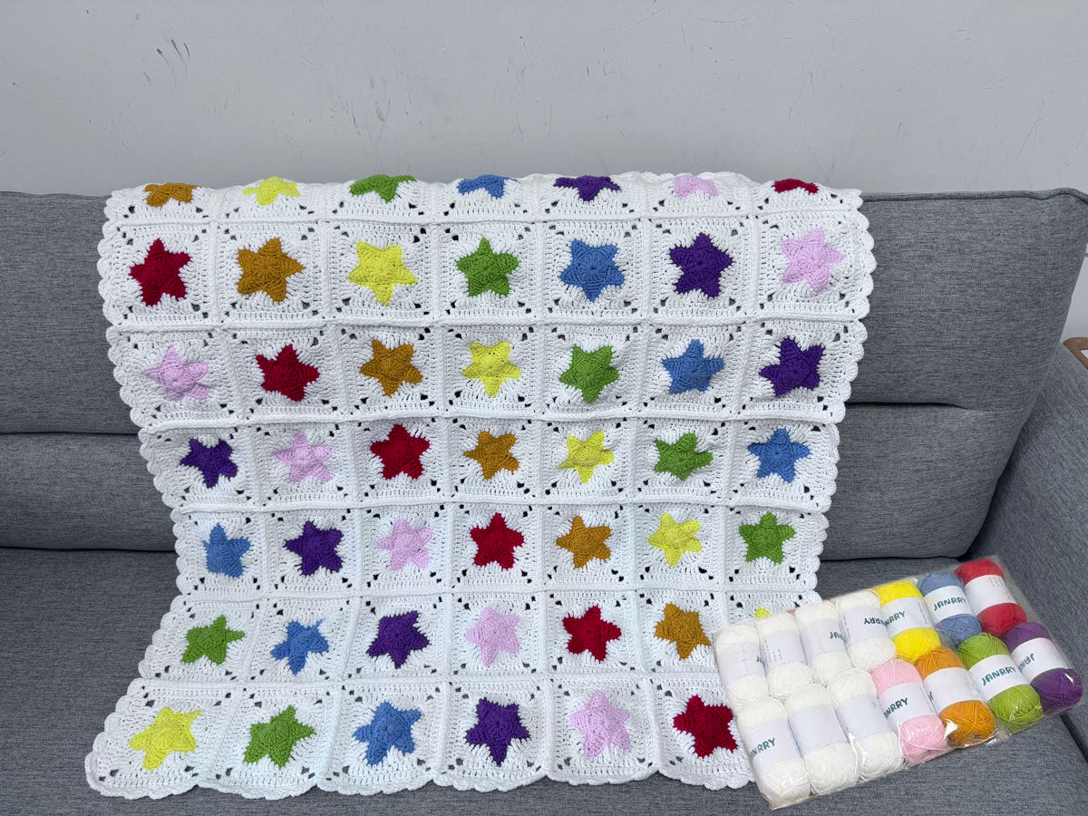 Colorful Five-Point Star Crochet Blanket – Finished Blanket or Yarn + PDF Kit