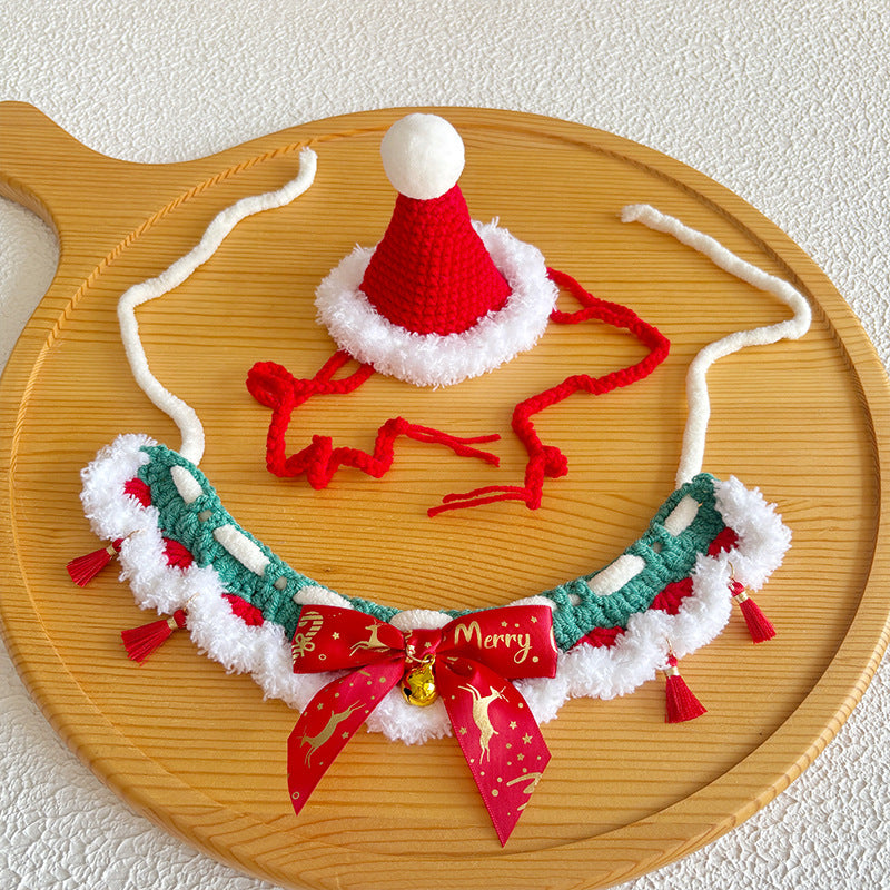 Luxury Christmas Crochet Pet Collar – Plush Trim Holiday Design for Cats & Small Dogs