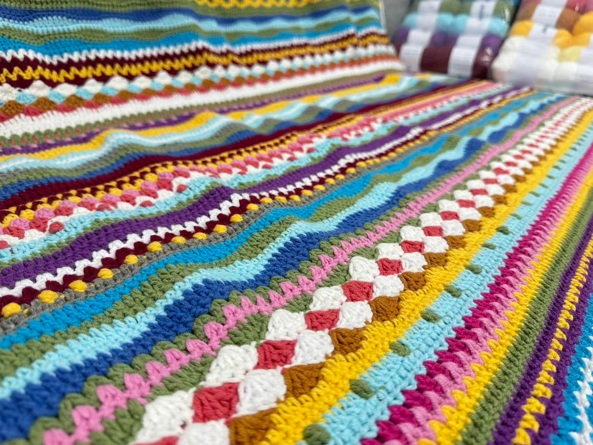 South American Inspired Crochet Blanket – Colorful Striped Square Throw | 43 × 43 in