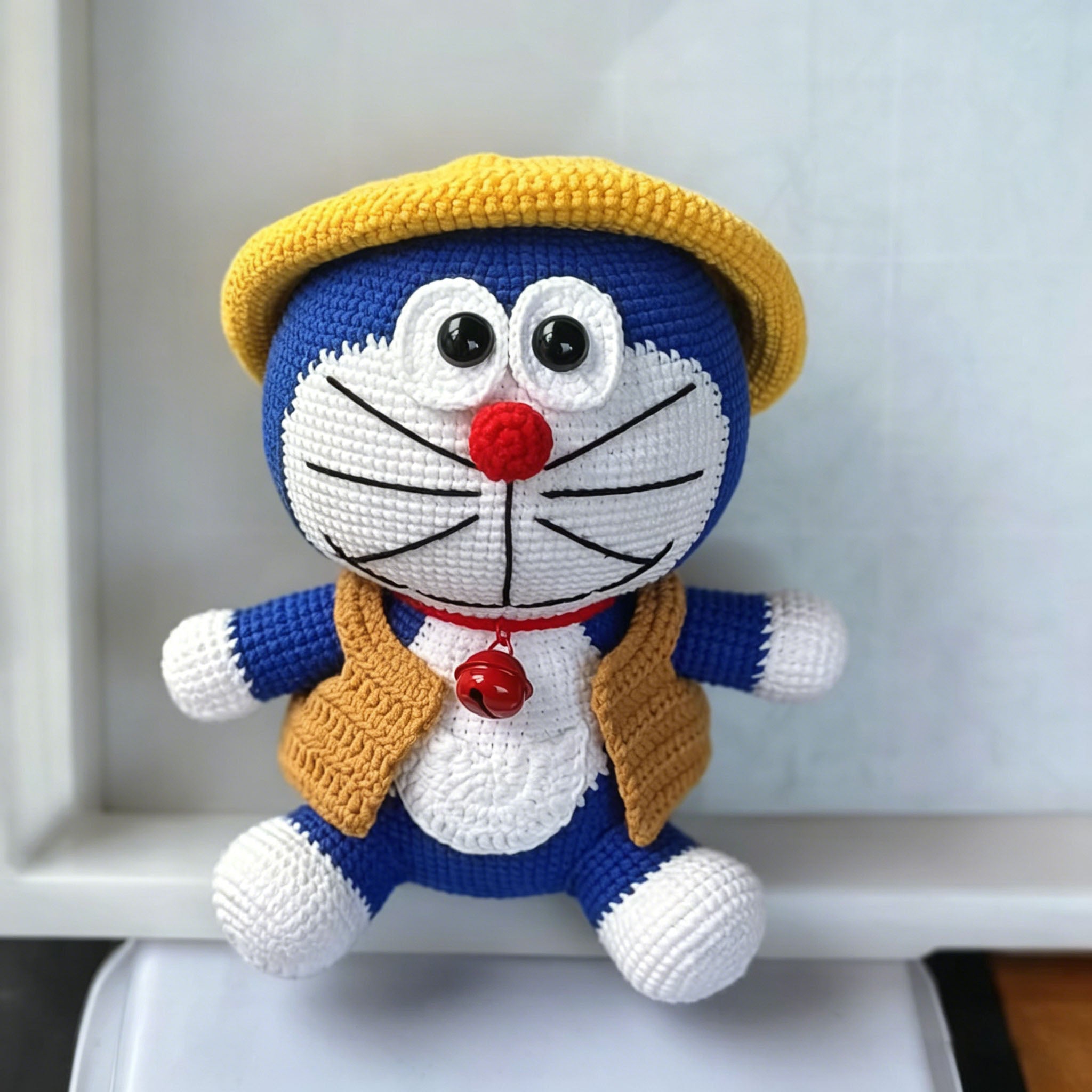 Handmade Blue Crochet Cartoon Cat Doll with Hat | Amigurumi Plush Toy