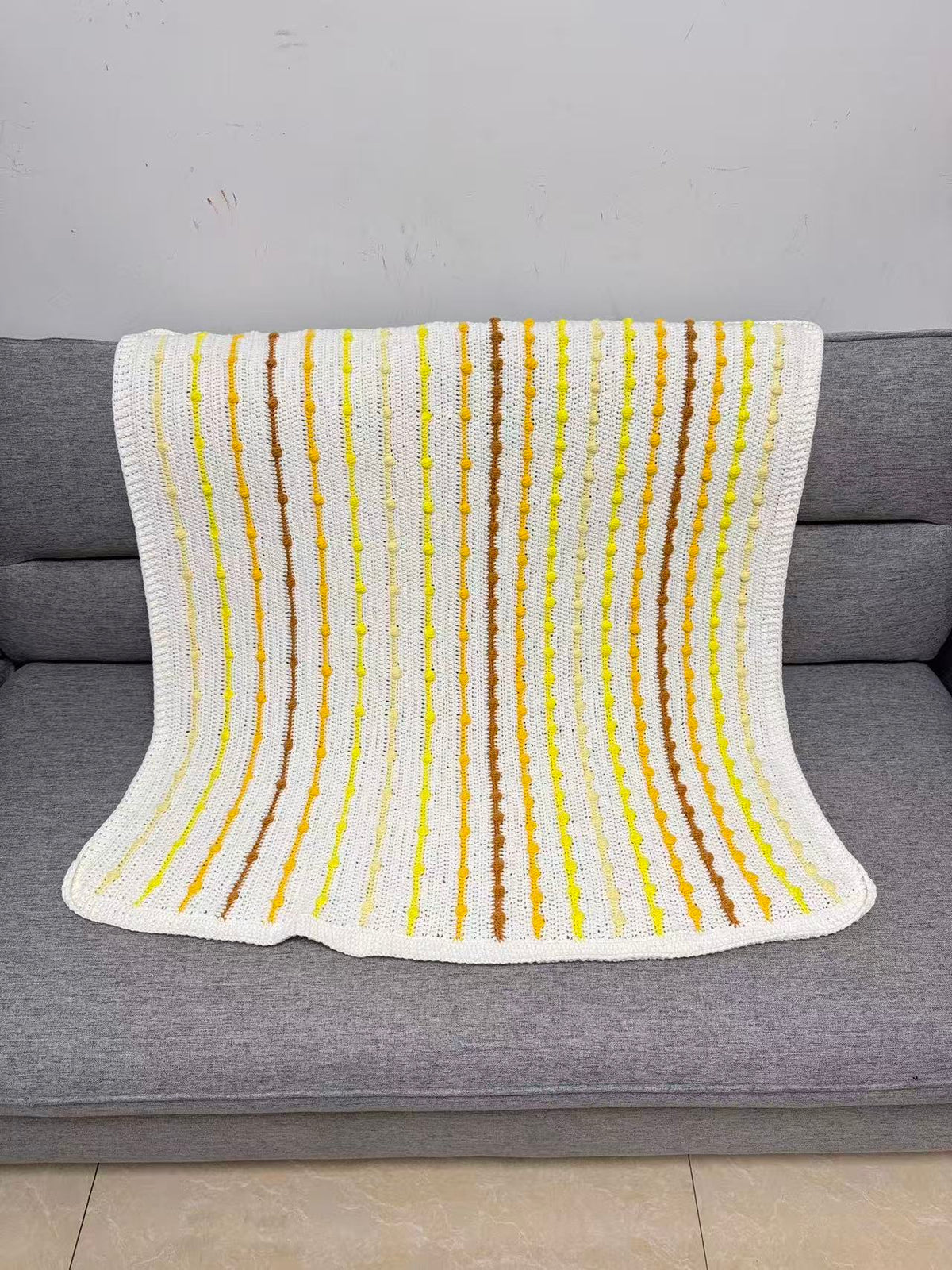 Handmade Crochet Bobble Blanket – Cream with Sunny Stripes | 36 × 35 in