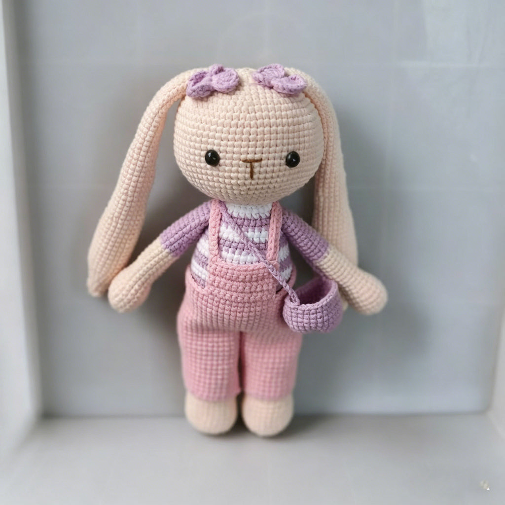 Handmade Pink Crochet Bunny Doll with Bag | Cute Amigurumi Plush Toy