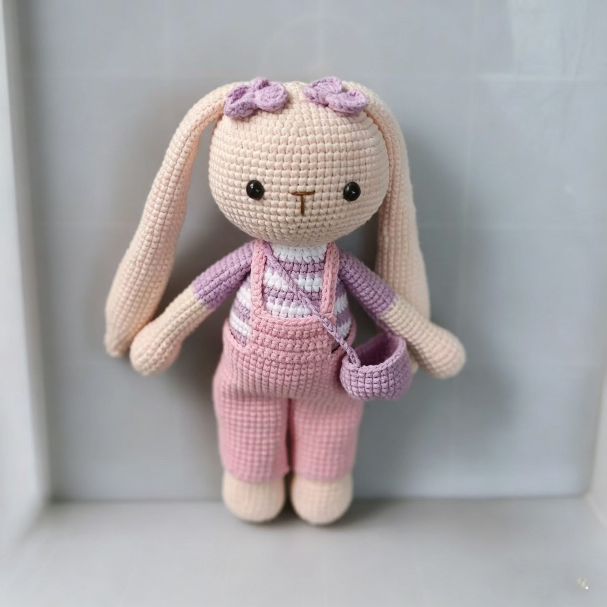 Handmade Pink Crochet Bunny Doll with Bag | Cute Amigurumi Plush Toy
