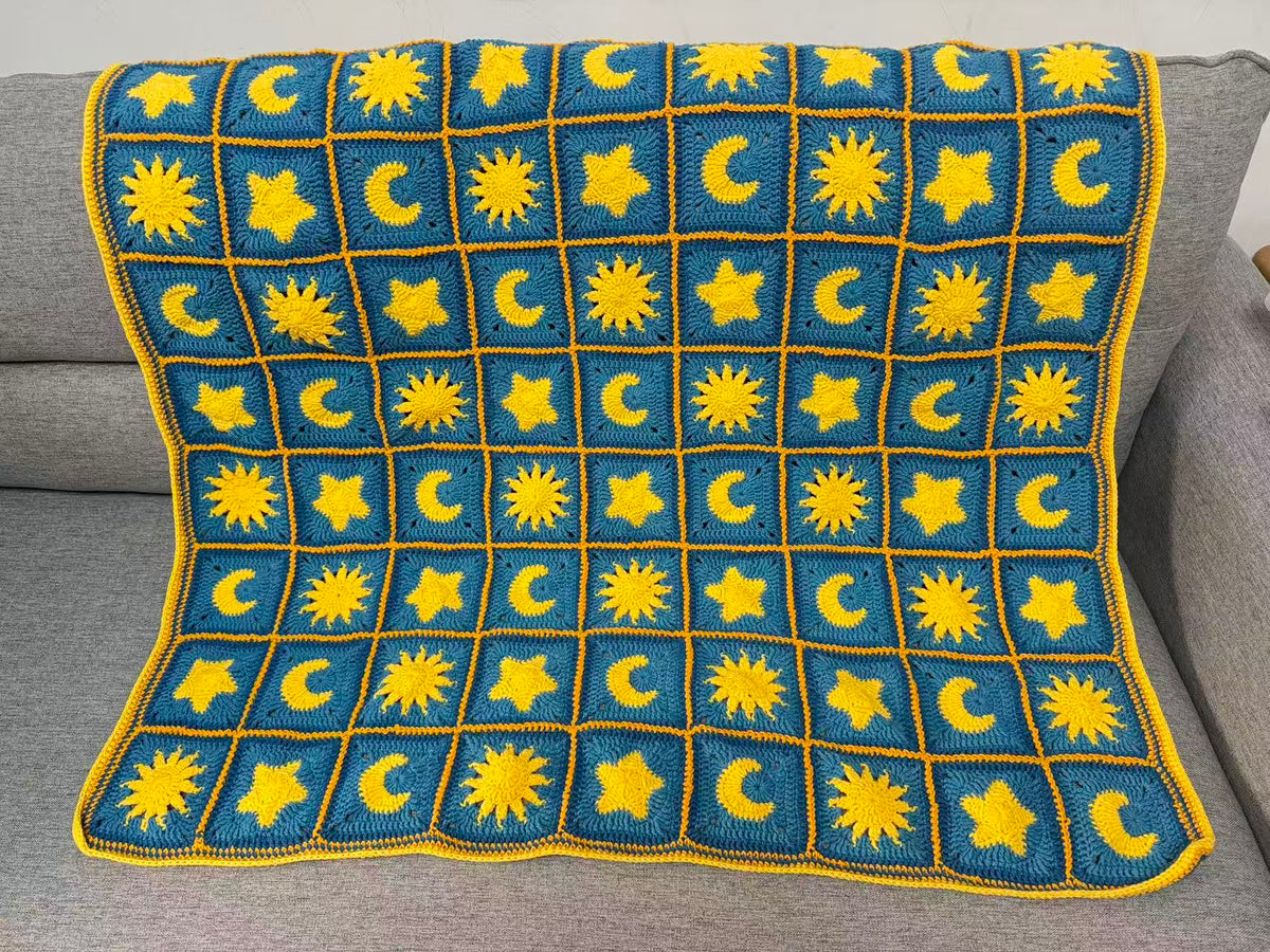 Sun, Moon & Stars Crochet Blanket – Finished Throw or Yarn + PDF Kit