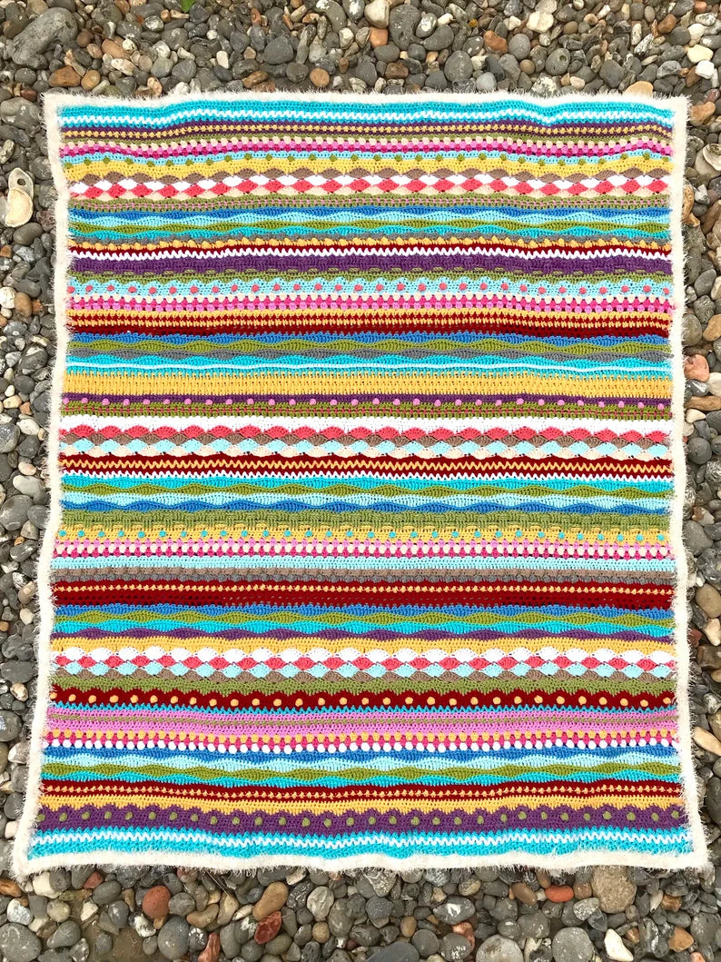 South American Inspired Crochet Blanket – Colorful Striped Square Throw | 43 × 43 in