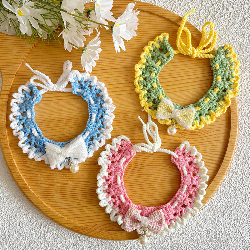 Elegant Crochet Pet Collar – Bow & Pearl Design