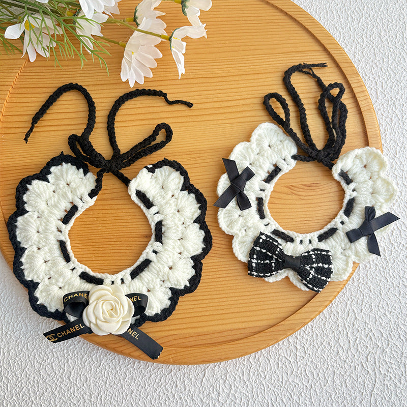 Elegant Crochet Pet Collar – Classic Black & White Bow Design