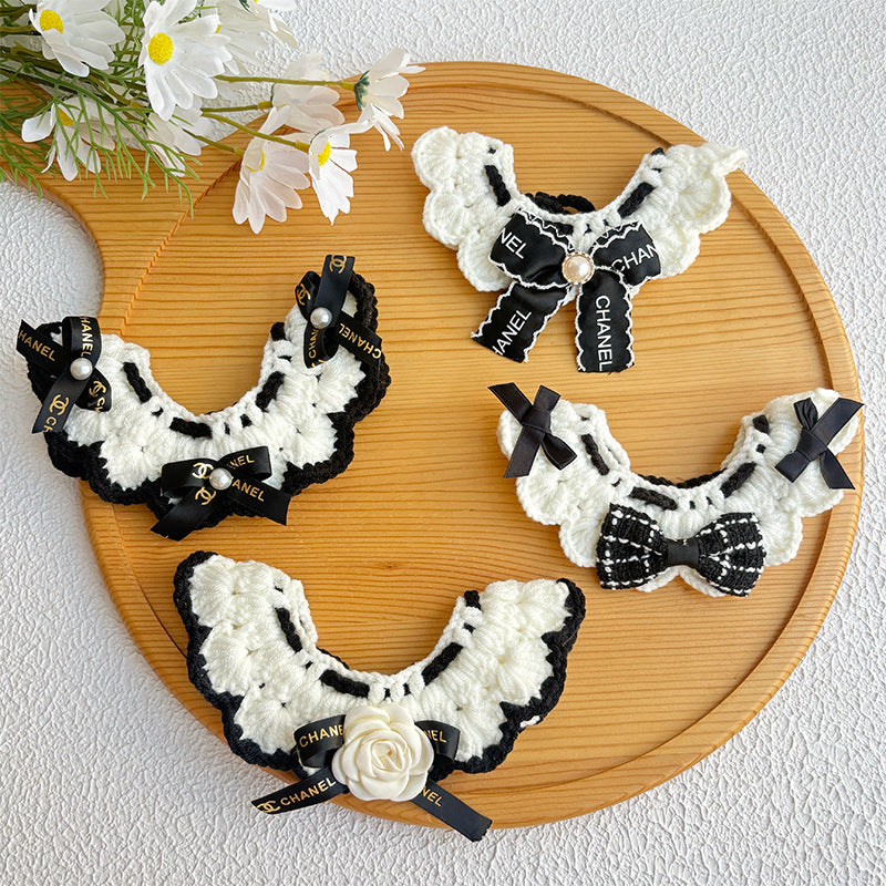 Elegant Crochet Pet Collar – Classic Black & White Bow Design