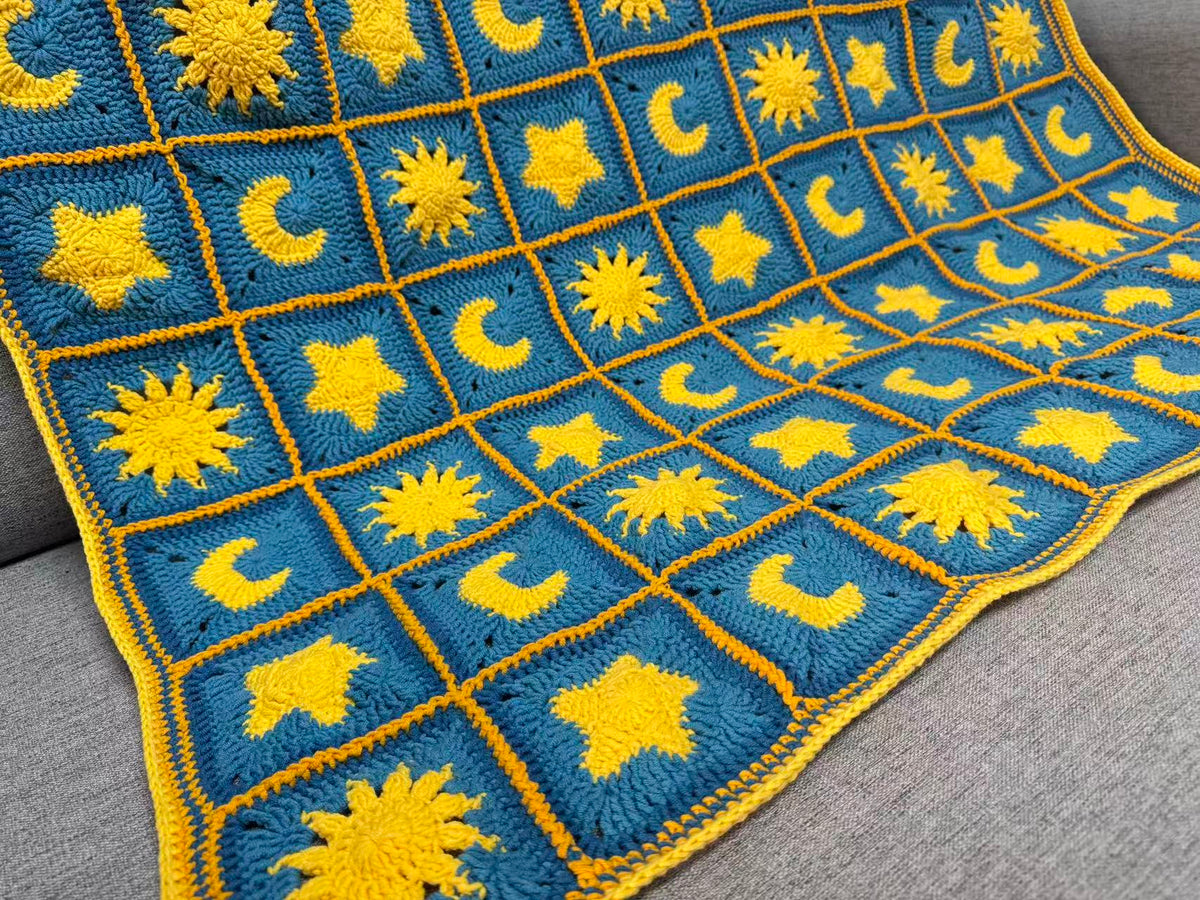 Sun, Moon & Stars Crochet Blanket – Finished Throw or Yarn + PDF Kit