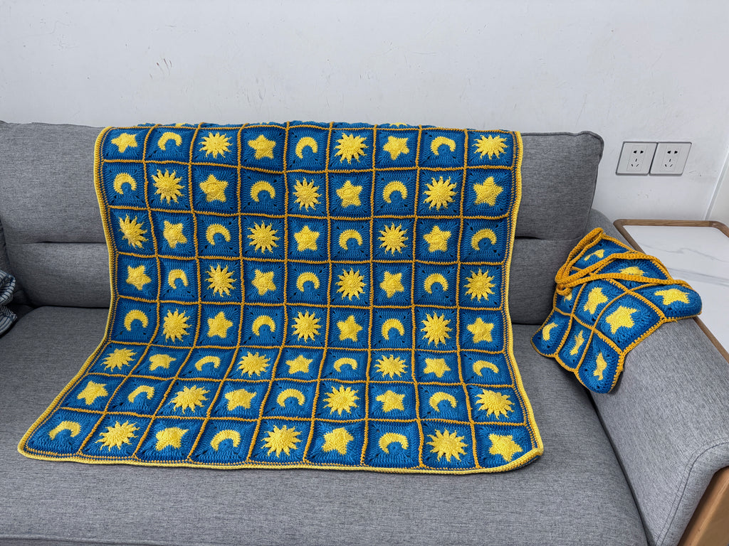 Sun, Moon & Stars Crochet Blanket – Finished Throw or Yarn + PDF Kit