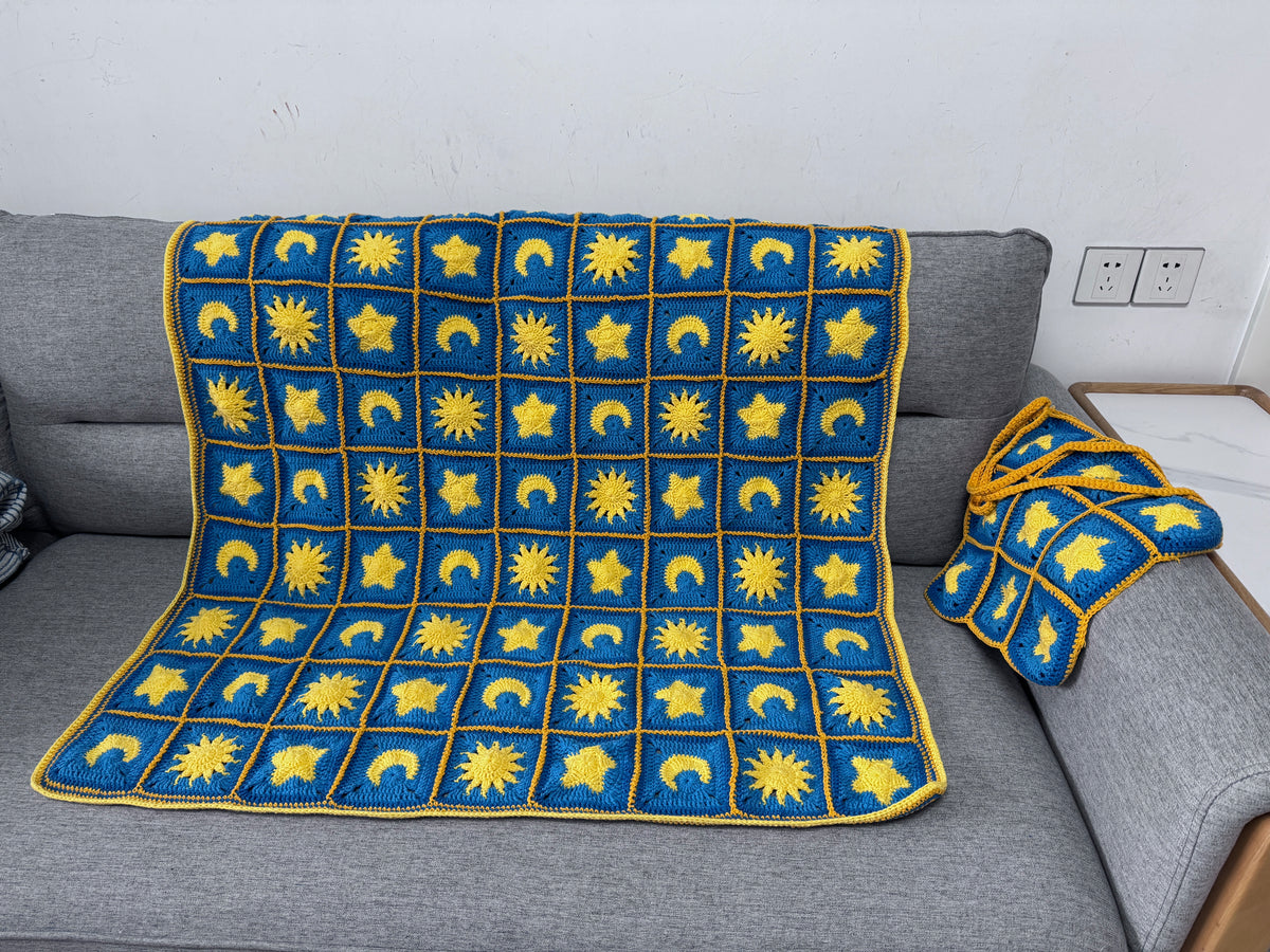 Sun, Moon & Stars Crochet Blanket – Finished Throw or Yarn + PDF Kit