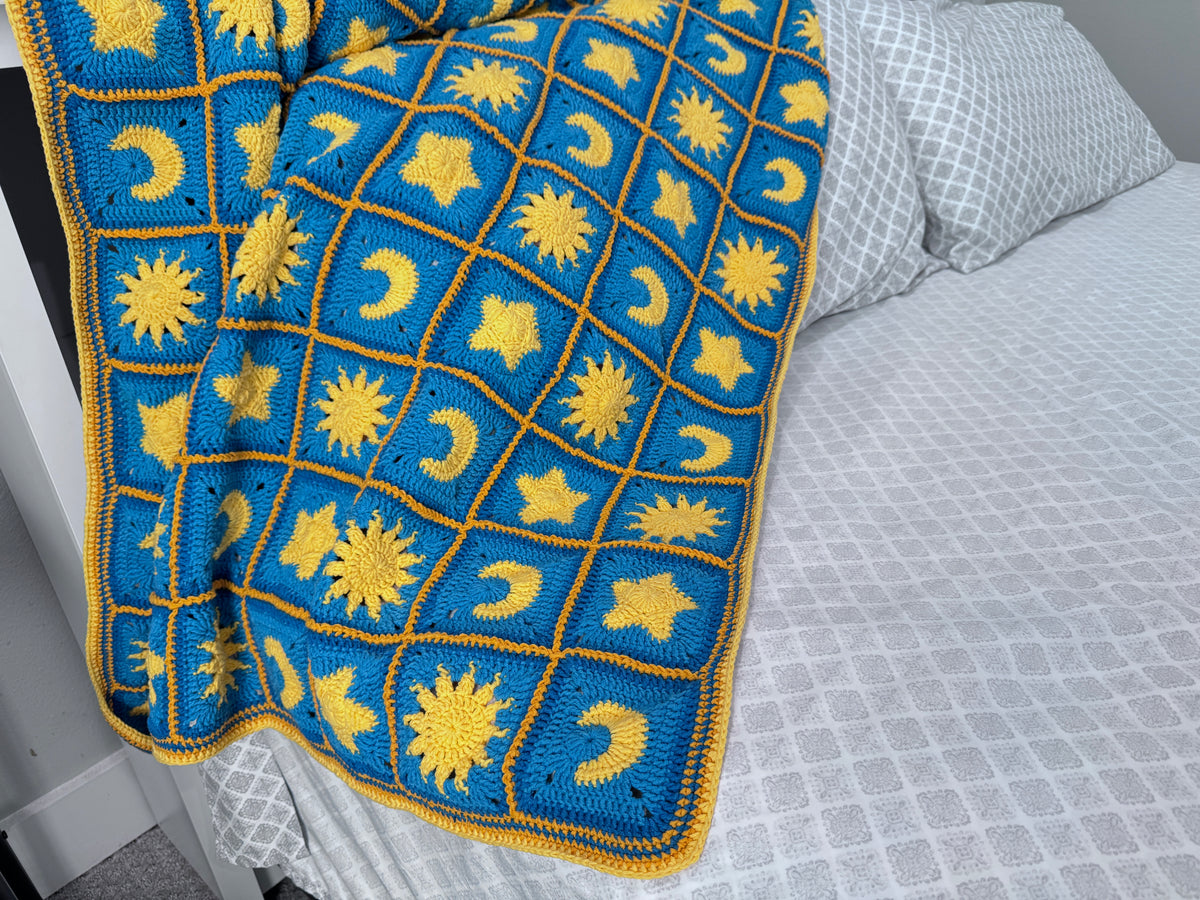 Sun, Moon & Stars Crochet Blanket – Finished Throw or Yarn + PDF Kit