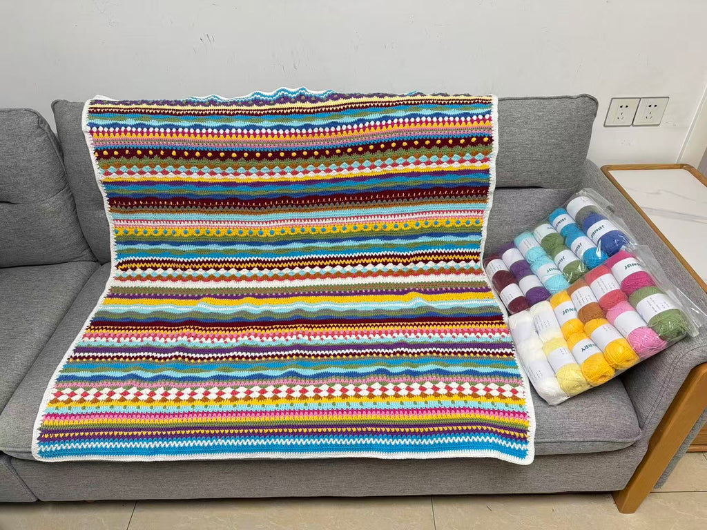 South American Inspired Crochet Blanket – Colorful Striped Square Throw | 43 × 43 in