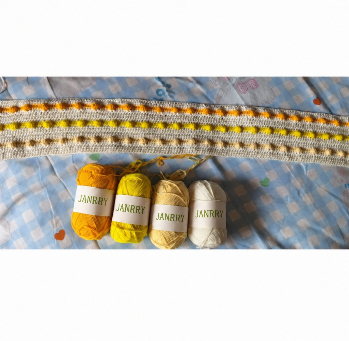 Handmade Crochet Bobble Blanket – Cream with Sunny Stripes | 36 × 35 in
