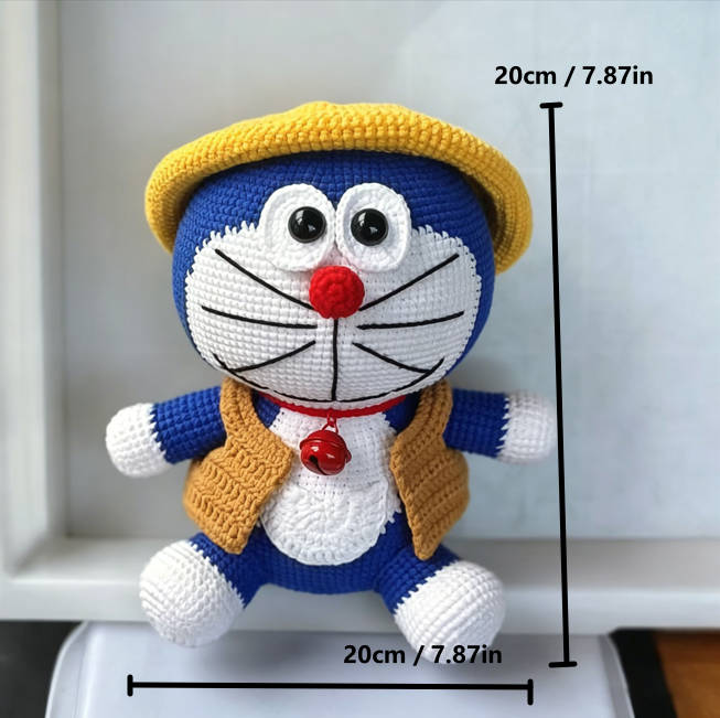 Handmade Blue Crochet Cartoon Cat Doll with Hat | Amigurumi Plush Toy