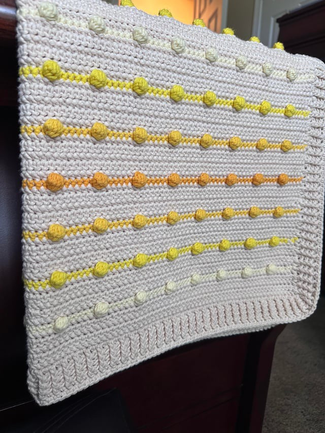 Handmade Crochet Bobble Blanket – Cream with Sunny Stripes | 36 × 35 in