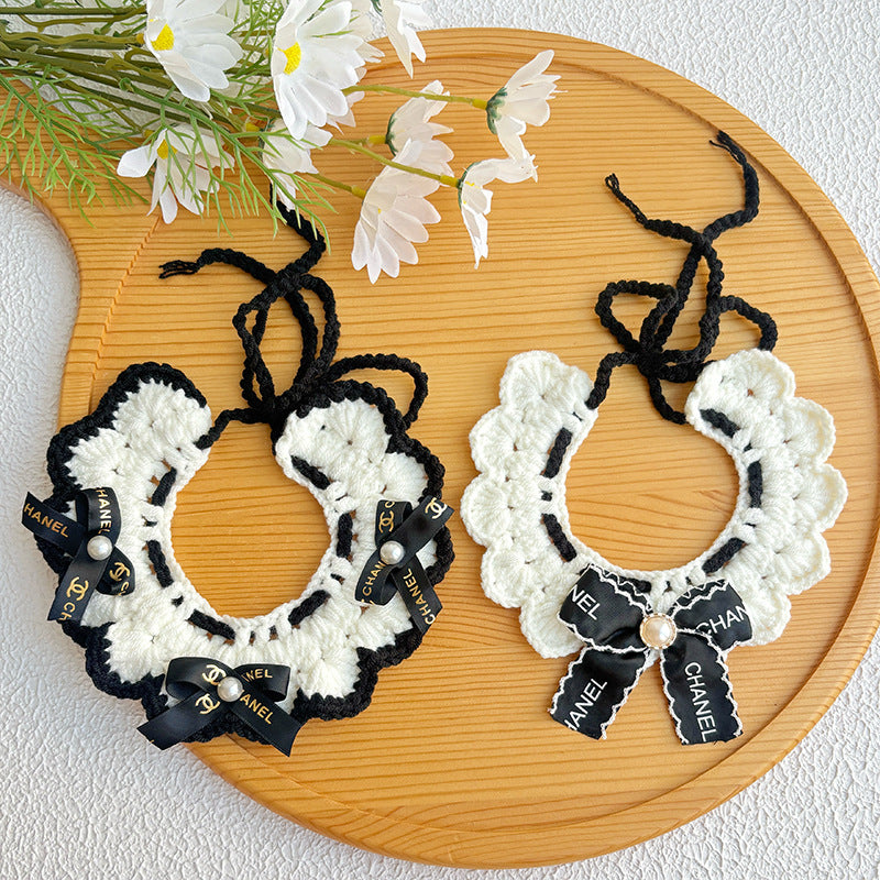 Elegant Crochet Pet Collar – Classic Black & White Bow Design