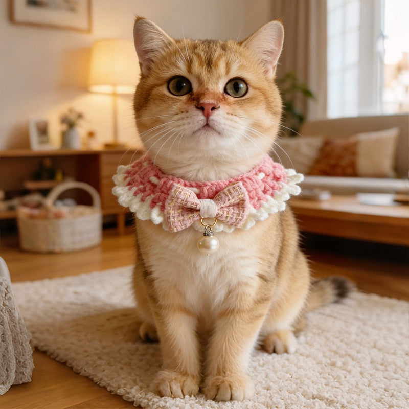 Elegant Crochet Pet Collar – Bow & Pearl Design