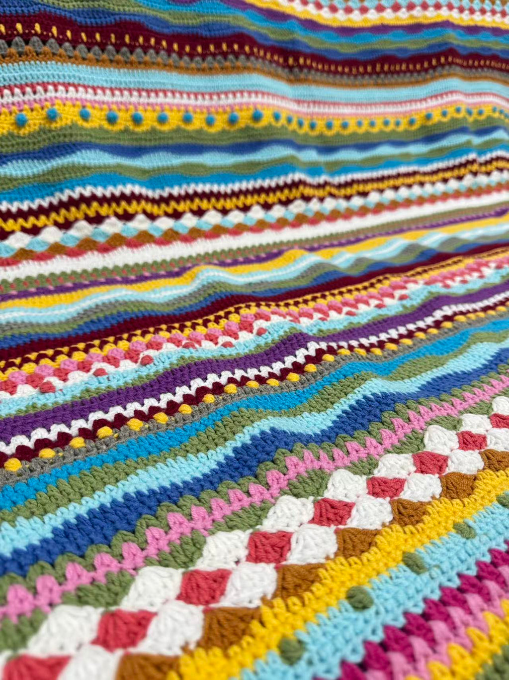 South American Inspired Crochet Blanket – Colorful Striped Square Throw | 43 × 43 in