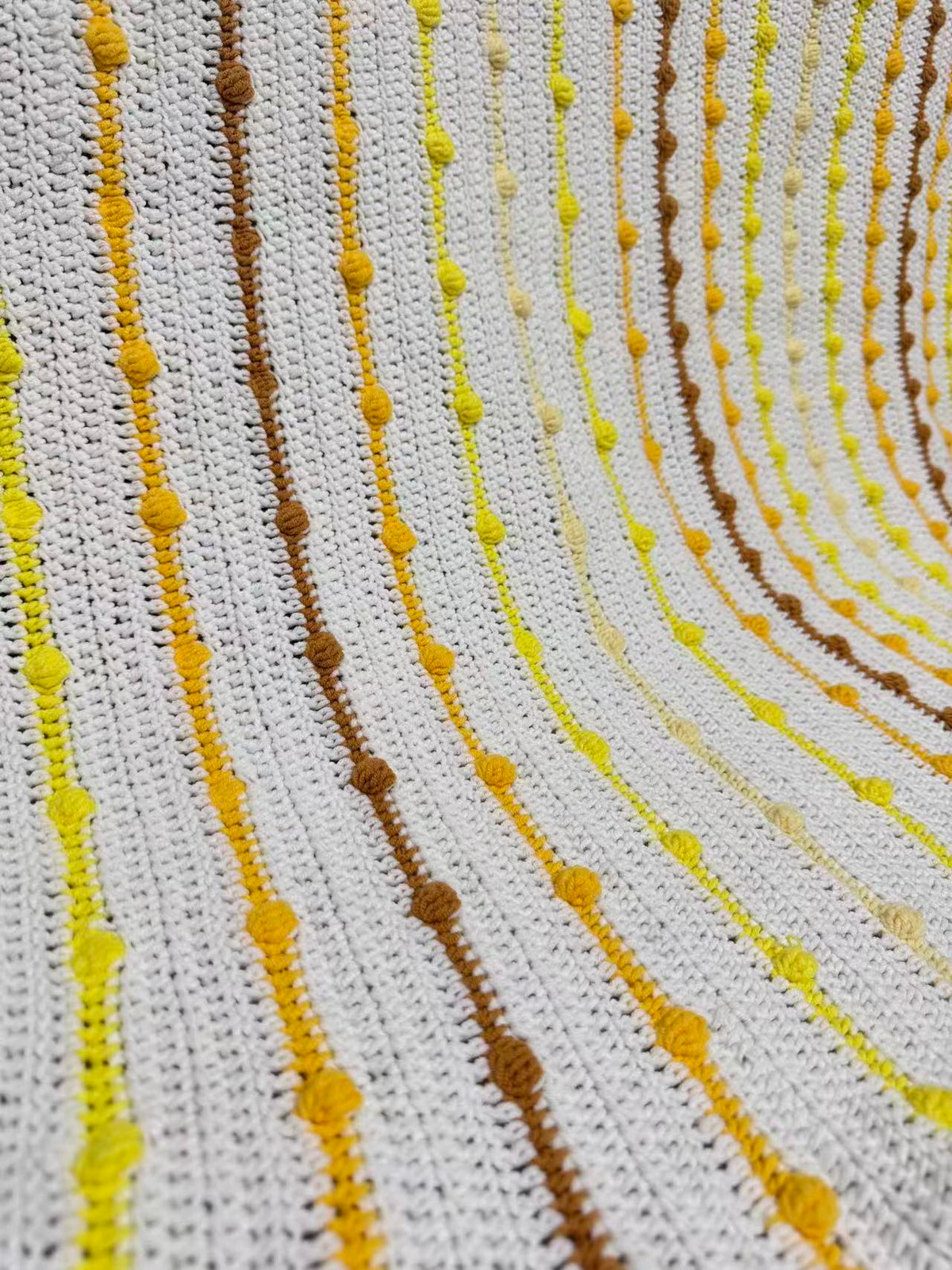 Handmade Crochet Bobble Blanket – Cream with Sunny Stripes | 36 × 35 in
