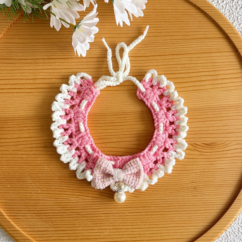 Elegant Crochet Pet Collar – Bow & Pearl Design